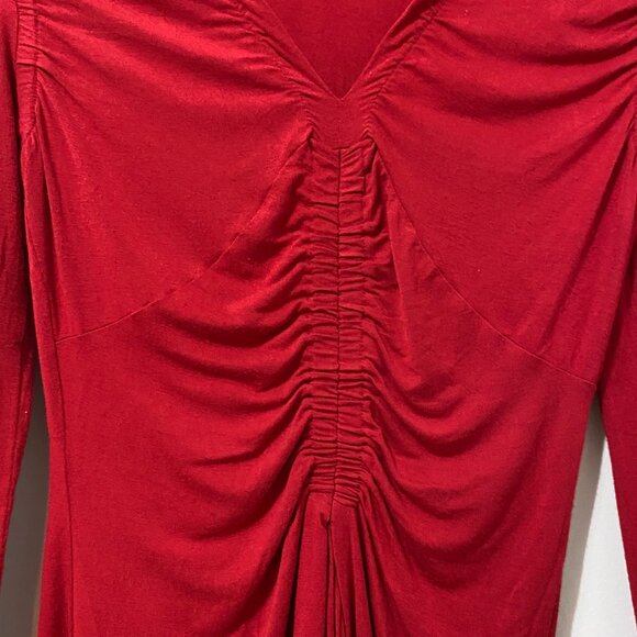 Y2K Red Longsleeve T-Shirt with Plunging V-Neck, Ruching, Gathered, Stretch Euro - Picture 4 of 10